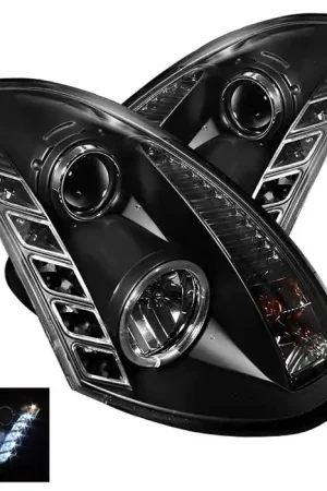 Fresh Stock Infiniti G35 2DR Spyder Daytime Running LED Projector Headlights - Black - 444-LIS06-DRL-SM
