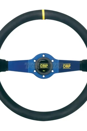 Premium OMP Rally Steering Wheel Black Suede Blue Spokes 350mm 2 Spoke