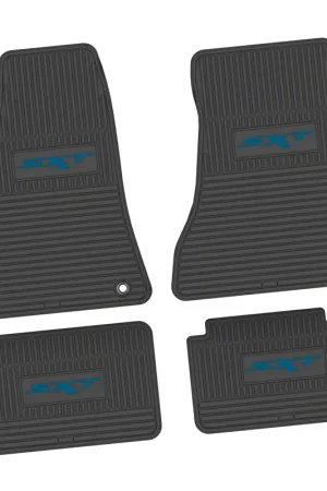 Luxury Factory Floorpan Fit Custom Vintage Scene Front and Rear Floor Mats with Dark Blue SXT Insert; Black
