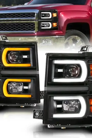 Clearance ANZO 14-15 Chevy Silverado 1500 Black Dual Switchback+Sequential LED Tube Sq. Projector Headlights