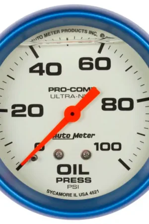 Autometer Ultra-Nite 2-5/8in 0-100 PSI Liquid Filled Mechanical Glow In Dark Oil Pressure Gauge Clearance
