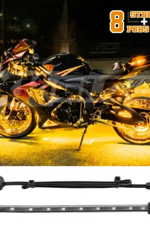 XK Glow Strips Single Color XKGLOW LED Accent Light Motorcycle Kit Amber - 8xPod + 2x8In Brand New