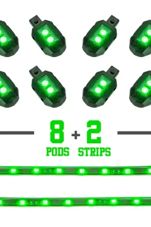 Grab Now XK Glow Strips Single Color XKGLOW LED Accent Light Motorcycle Kit Green - 8xPod + 2x8In