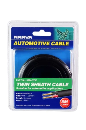 Viral Narva 15A 4mm Twin Core Sheathed Cable (5M) Red\\/Black With Black Tracer 5824-5Tw