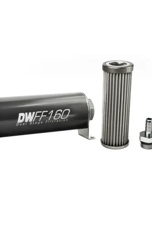 DeatschWerks Stainless Steel 3/8in 40 Micron Universal Inline Fuel Filter Housing Kit (160mm) Next Day Delivery