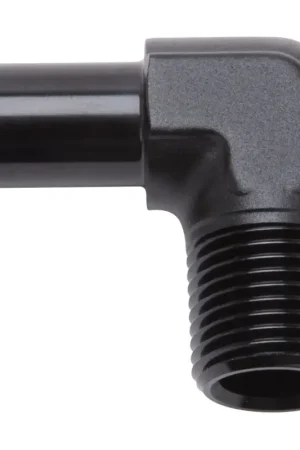 Edelbrock Hose End 90-Deg 1/2In NPT to 5/8In Barb Black Anodize Price Cut