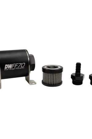 Fast Shipping DeatschWerks Stainless Steel 3/8in 40 Micron Universal Inline Fuel Filter Housing Kit (70mm)