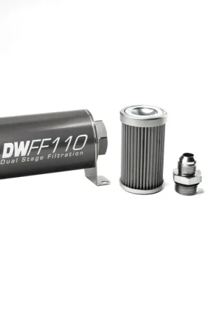 Secure Checkout DeatschWerks Stainless Steel 8AN 40 Micron Universal Inline Fuel Filter Housing Kit (110mm)